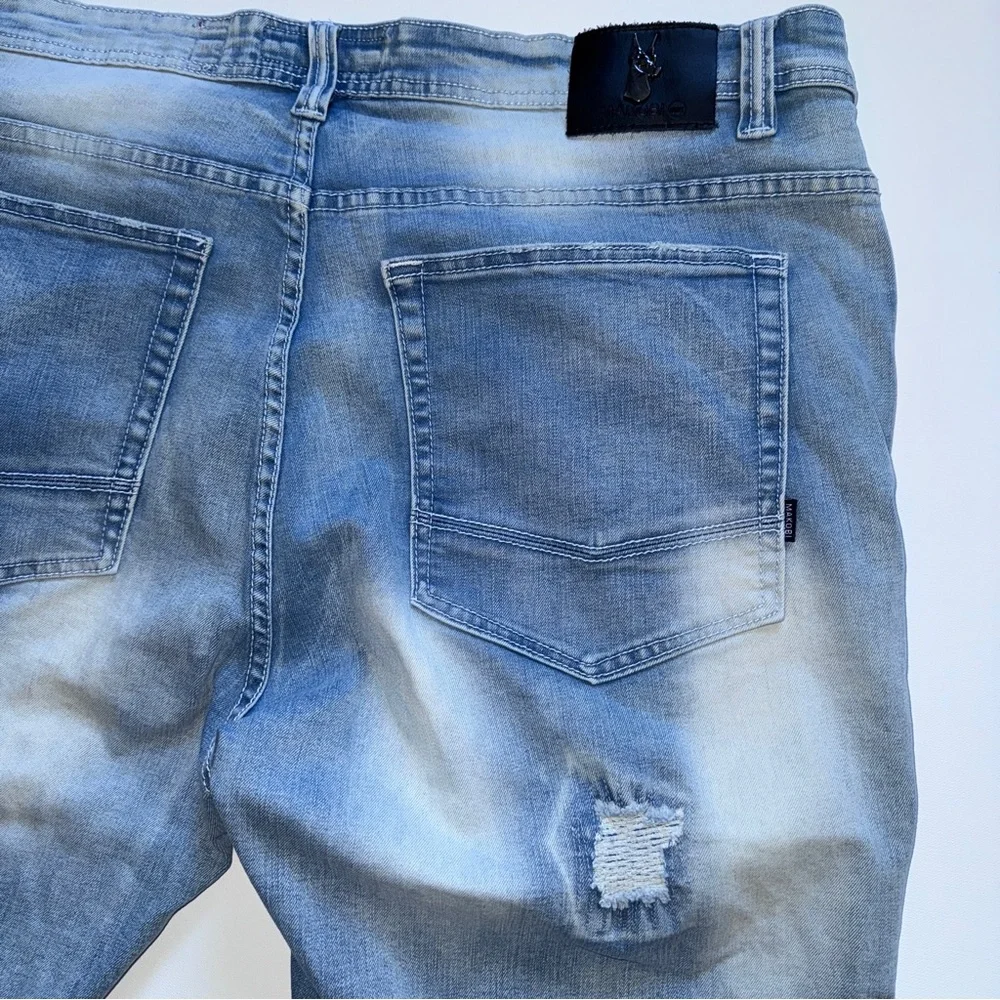 MAKOBI Prado Biker Jeans Light Wash Distressed Moto Rip & Repair Slim Fit 42x32